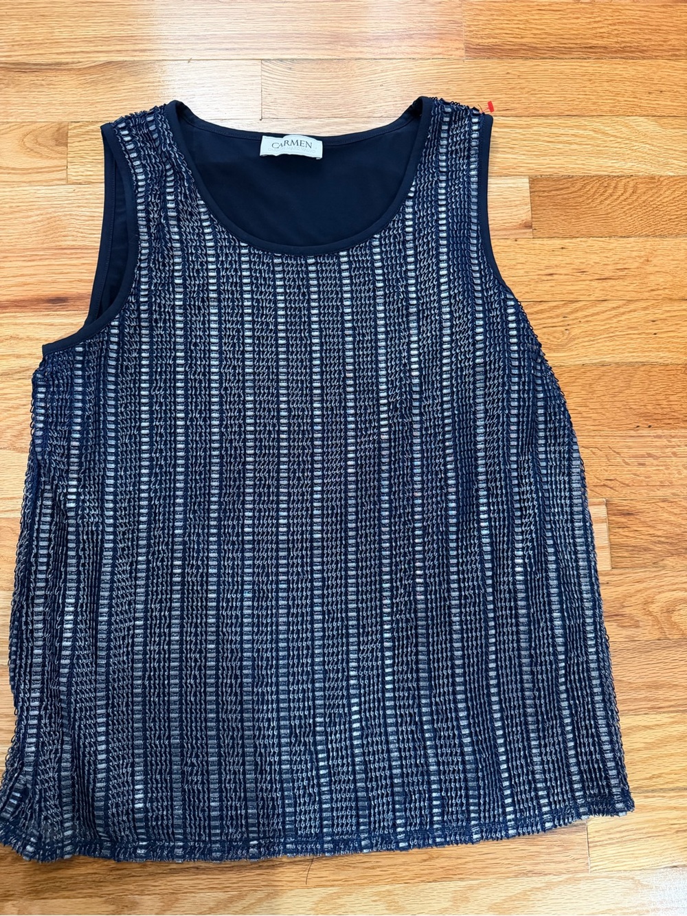 Carmen Marc Valvo Navy and White Textured Layered Tank